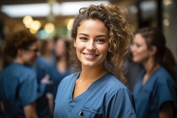 young nurse smiling at camera, with her colleagues in the background