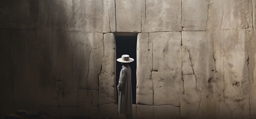 a man looking into the dark narrow way on ancient stone wall, , Generative Ai