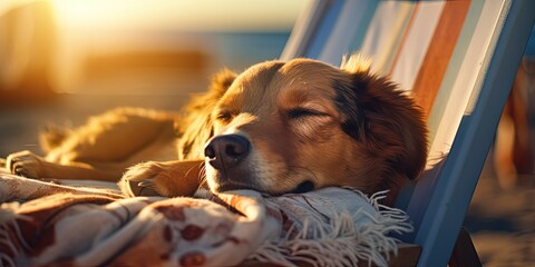 happy dog sleeping on beach bed with sunlight shine on it fur, Generative Ai