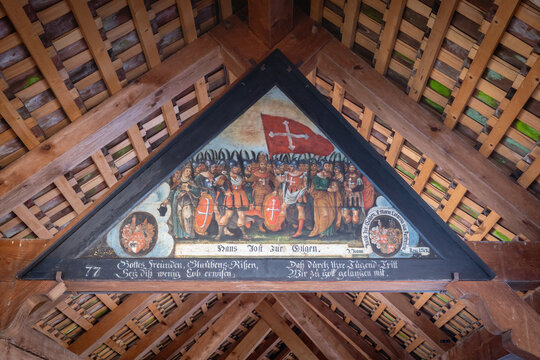 The Theban Legion with Verena and Regula - Painting depicting events from Lucerne history at Chapel Bridge (Kapellbrucke) - Lucerne, Switzerland
