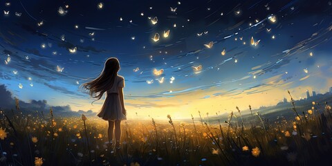 painting style illustration of a girl standing at grass field looking at starry night sky with butterfly fly around, Generative Ai