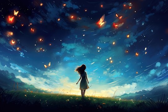 painting style illustration of a girl standing at grass field looking at starry night sky with butterfly fly around, Generative Ai