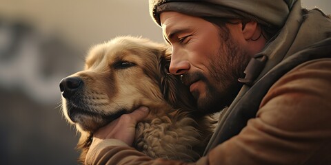 close up portrait of a traveler man hug and kissing his dog at morning light, Generative Ai