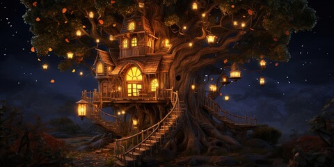 fairytale scenery art illustration, fantasy mood, elven village big tree trunk town, Generative 