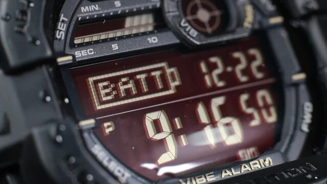 LCD display of a tough sports watch with running timer and stopwatch 