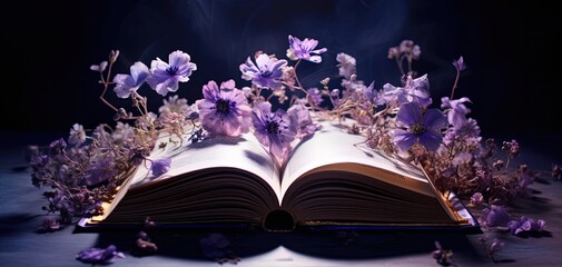 old vintage book opened on table with purple flower on it, generative Ai - Powered by Adobe