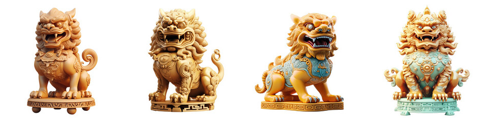 Fototapeta na wymiar Png Set Isolated transparent background for Chinese Golden Lion statue