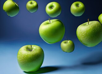 Floating green apples blue background