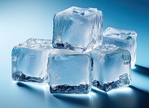 Clear ice cubes on blue background
