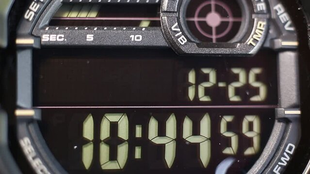 LCD display of a tough sports watch with running timer and stopwatch 
