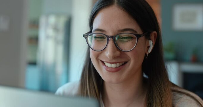 Smile, laptop and business woman in home office for research, planning and remote work. Email, internet and entrepreneur with face of female freelancer in living room for blog, news and network