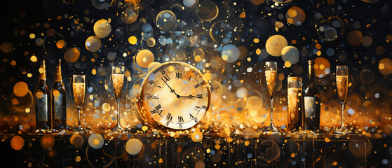 New Years Eve celebration background, champagne and clock