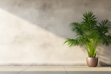 Blank concrete wall in modern empty room with tropical plant garden. Generative AI