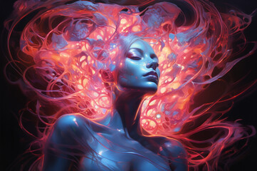 Young beautiful woman with neural network. Artificial intelligence illustration. Generative AI