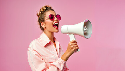Trendy young woman screaming in a loudspeaker, announcing discount and offer sales, pastel pink background, black friday shopping concept, megaphone, hurry