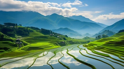 a tranquil, emerald-green rice paddy, with terraced fields reflecting the sky and mountains in the water