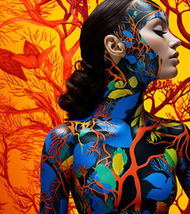 Abstract portrait of a woman with a body painted in a colorful floral pattern.  Nature concept, fashion and beauty.