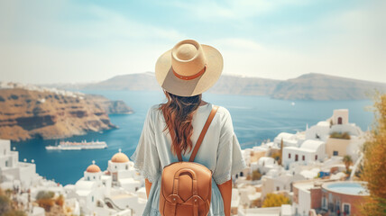 Back view of Tourist woman with hat and backpack on vacation in Santorini. Digital illustration generative AI. - obrazy, fototapety, plakaty