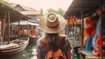 Back view of Tourist woman with hat and backpack on vacation in Bangkok, looking at floating Thai market. Digital illustration generative AI.