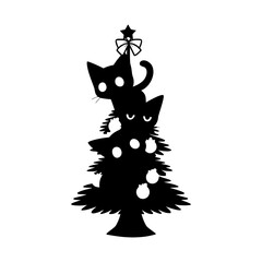 Cats on the christmas tree. Funny cats climbed onto the top. Kawaii vector illustration isolated on a white background. Christmas design for t-shirts, invitation, emblem, stickers