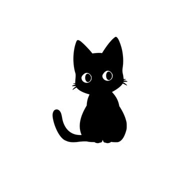 Black cat silhouette. Cartoon, kawaii style. This cute vector illustration is isolated on a white background. Design for t-shirt, invitation, emblem, stickers