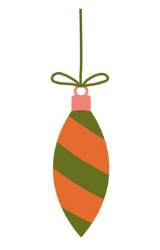 Christmas tree decoration toy, striped, hanging on rope, winter holidays design element, vector
