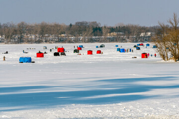 Ice Fishing Shanties In February On Fox River At De Pere, Wisconsin