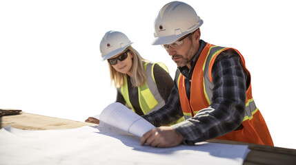 Industrial workers or engineers, a man and a woman, in safety vests and hard hats collaborating on a project. Transparent png, isolated. Use your own background. Generative ai.
