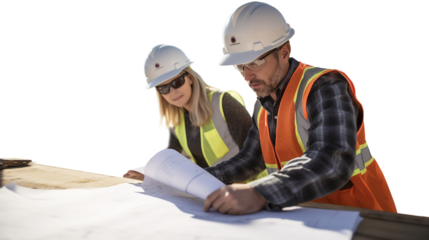 Industrial workers or engineers, a man and a woman, in safety vests and hard hats collaborating on a project. Transparent png, isolated. Use your own background. Generative ai.