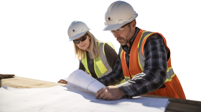 Industrial workers or engineers, a man and a woman, in safety vests and hard hats collaborating on a project. Transparent png, isolated. Use your own background. Generative ai.