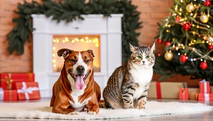 cat and dog celebrating christmas 