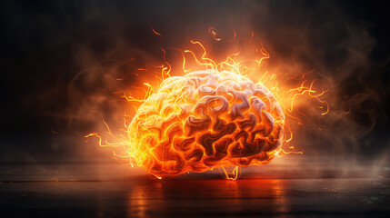 Ignited brain illustration; representing intense cognition, the fervor of problem-solving, and the fiery nature of mental challenges concept.