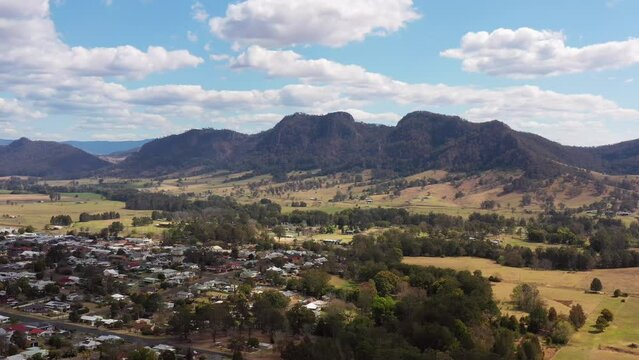Aerial panning over Gloucester town in NSW of Australia at Barrington tops 4k.

