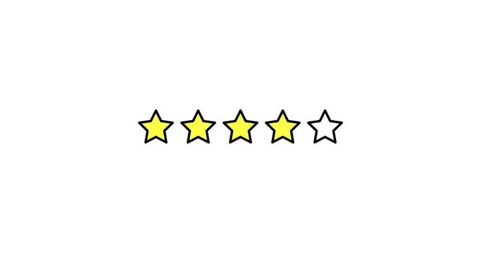 Five Stars Rating animation. Set of Stars. Four Star Rating on White Background. Product Quality, Feedback, Customer review.