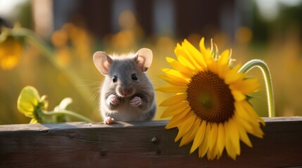 A mouse sitting on top of a wooden fence next to a sunflower