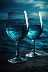 Two Wineglass on Tropical Blue Ocean Beach, Travel Destination