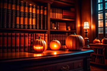 Library interior with pumpkins