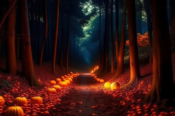 A Halloween pumpkin road in a mystical forest