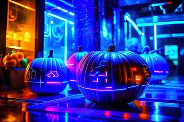 Creative blue neon Halloween pumpkins