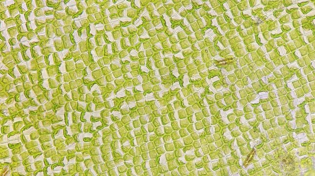 Ulva compressa cells at 840x magnification. Some diatom is attached to the surface. Live cells. Stacked photo