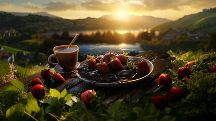 Strawberries and chocolate, delicious elegant dessert - obrazy, fototapety, plakaty