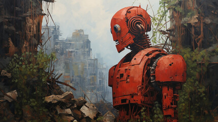 Among the overgrown ruins of a once-vibrant metropolis lies an old, destroyed red robot 2 - obrazy, fototapety, plakaty