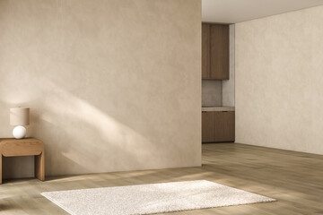 Modern interior design of apartment, kitchen, empty living room with beige wall, panorama. © leymandesign