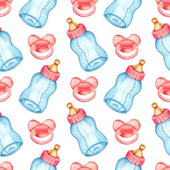 watercolor illustration pattern of pink vintage bottle and pacifier. Baby feeding bottle. Patterns for children's clothing, textiles, wallpaper, wrapping paper, packaging, design cards. Isolated 