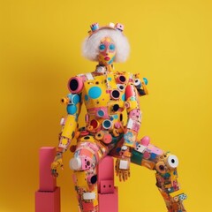 Fototapeta na wymiar A woman wearing weird costume sitting on top of a pink chair