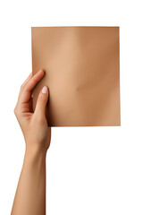 A human hand holding a blank sheet of brown paper or card isolated on a white background