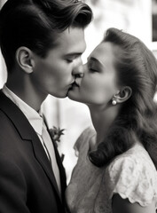 Fototapeta premium Couple's Romantic Black and White Kiss Close-Up Before Wedding