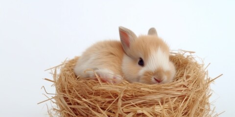 A small rabbit is sitting in a nest