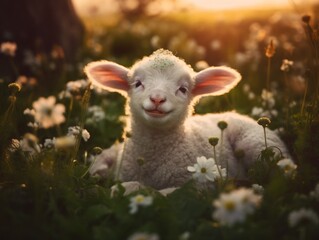Obraz premium A lamb laying in a field of white flowers