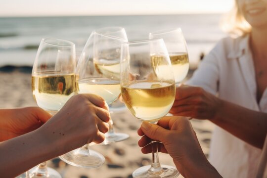 Delicate Precision: People Toasting White Wine at Beach Party